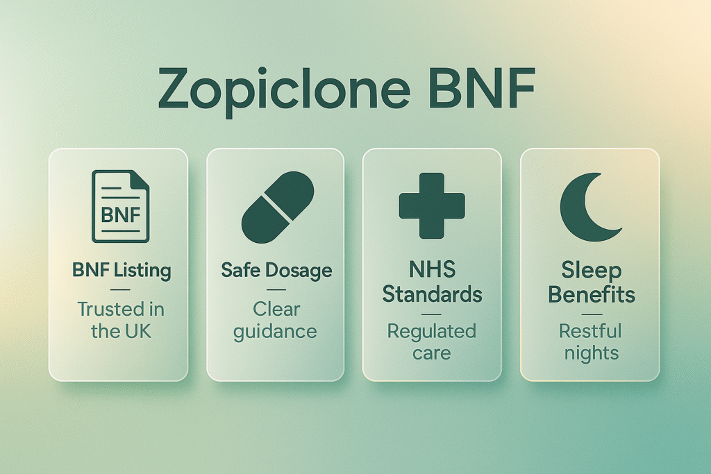 Zopiclone BNF UK visual showing trusted BNF listing, safe dosage guidance, NHS standards, and sleep benefits with a premium light green theme.